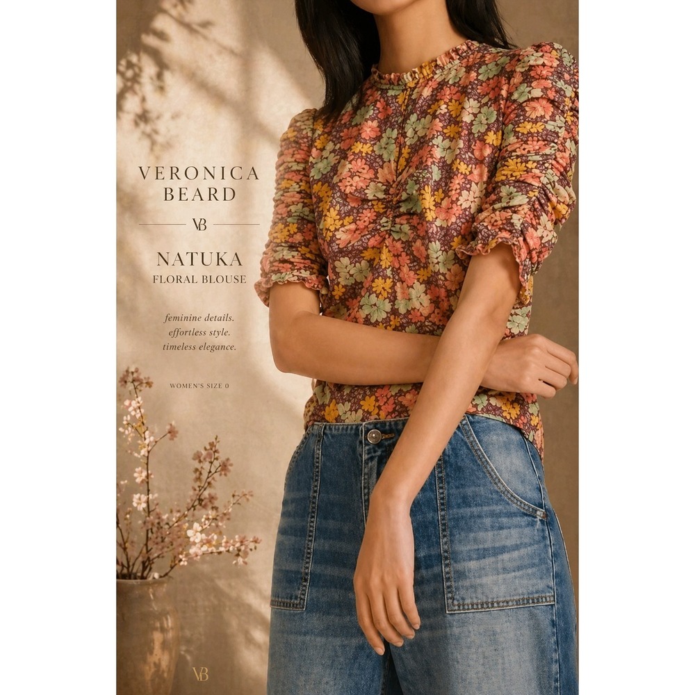 Veronica Beard Natuka Floral Blouse Sz 0 Multicolor Puff Sleeve‎ Ruched Designer